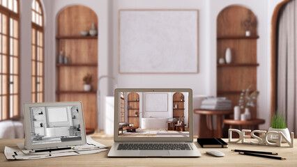 Architect designer desktop concept, laptop and tablet on wooden desk with screen showing interior design project and CAD sketch, modern bathroom in japandi apartment, bathtub