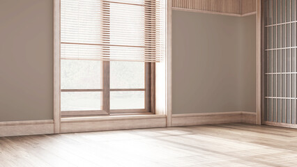 Empty room interior design, open space with parquet floor, big window with venetian blinds, bleached wooden and white walls, modern architecture concept idea