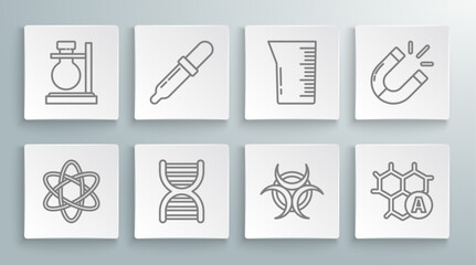 Set line Atom, Pipette, DNA symbol, Biohazard, Chemical formula, Laboratory glassware beaker, Magnet and Test tube flask on stand icon. Vector