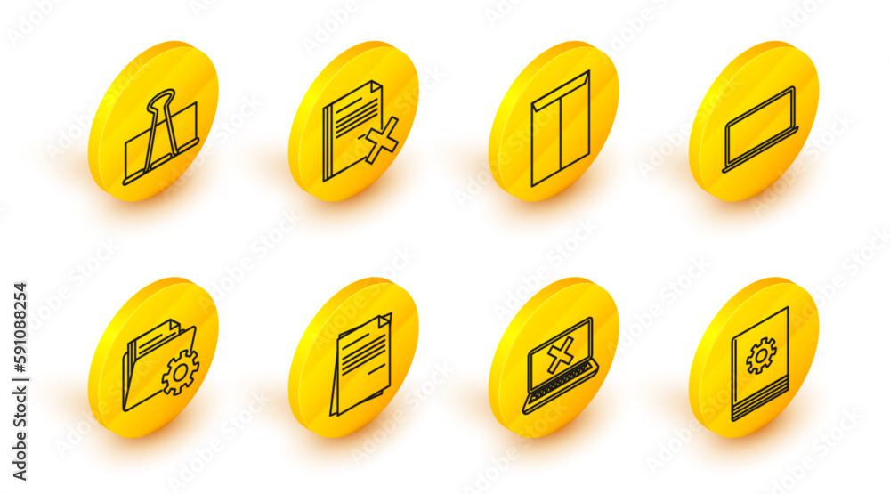 Poster set line user manual, laptop and cross mark on screen, file document, folder settings with gears, en