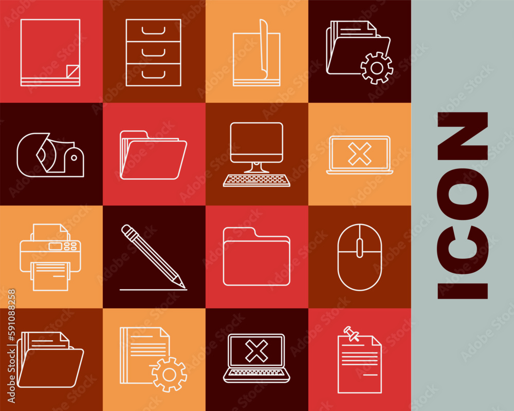 Poster set line note paper with pinned pushbutton, computer mouse, laptop and cross mark screen, file docum
