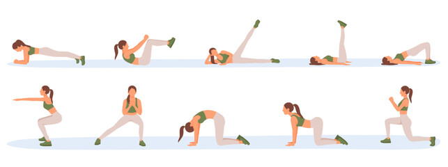 Set of cartoon character of athletic woman doing morning exercises. Lady in sportswear practicing yoga alone. Regular physical activity and healthy lifestyle. Training indoor alone. Vector
