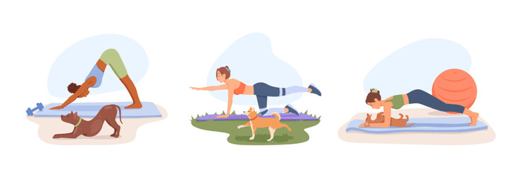 Set of cartoon characters of young people training with their pets. Time for exercises in presence of dogs. Morning workout to loss weight. Active and healthy lifestyle. Vector