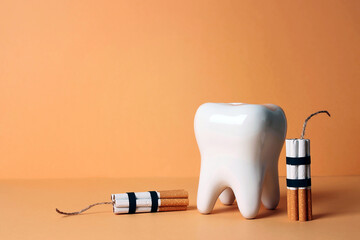 Tooth with cigarettes dynamite on yellow background. Effects of smoking on dental health.