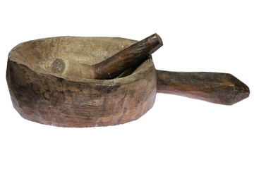 wooden mortar and pestle from West Timor isolated on white background