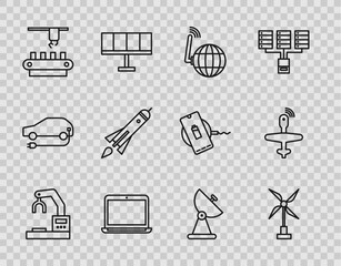 Set line Robotic robot arm hand factory, Wind turbine, Social network, Laptop, Factory conveyor system belt, Rocket ship with fire, Radar and UAV Drone icon. Vector