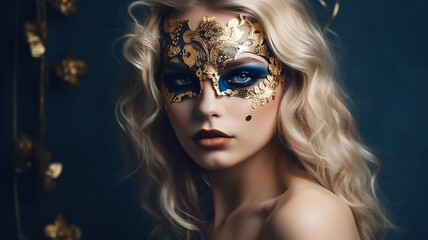 Fototapeta premium Model Girl with Carnival Mask.Masquerade Woman.glam Dress and Makeup, generative AI tools 