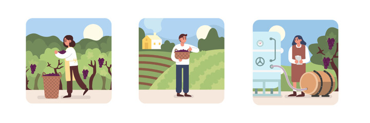 Set of cartoon characters of young people dealing with wine production. Process of making alcoholic drinks. Winemaking using organic grapes. Wine production industry. Vector