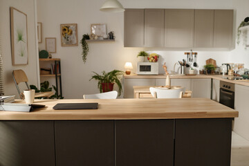 Horizontal image of modern domestic kitchen with big table and other kitchen utensils