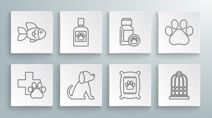 Set line Veterinary clinic symbol, Dog medicine bottle, Bag of food for dog, Cage birds, Paw print and Fish icon. Vector