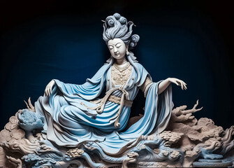 Guanyin, the goddess of compassion and mercy in Chinese Buddhism, including exquisitely crafted sculptural paper constructions and woodcarvings. generative AI