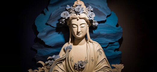 Guanyin, the goddess of compassion and mercy in Chinese Buddhism, including exquisitely crafted sculptural paper constructions and woodcarvings. generative AI