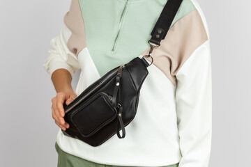 Black Leather Crossbody Fanny Pack Bag Close Up