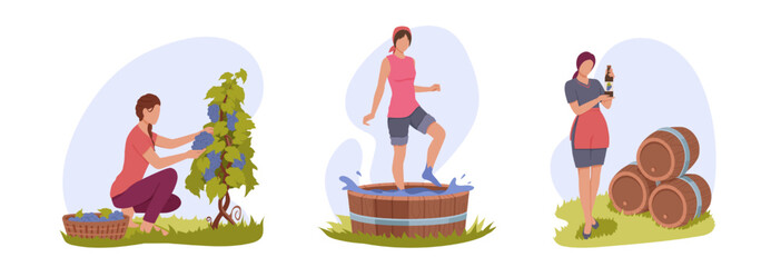 Set of cartoon characters of young women making natural wine. Time for winemaking process with organic grapes. Making alcohol drinks. Wine production industry. Vector