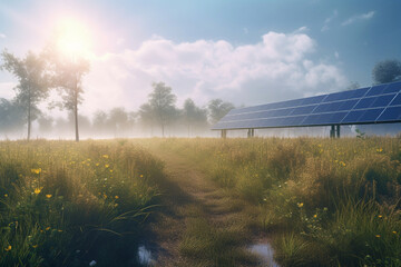 Visualization of a solar panel in a beautiful countryside during sunrise created with Generative AI technology