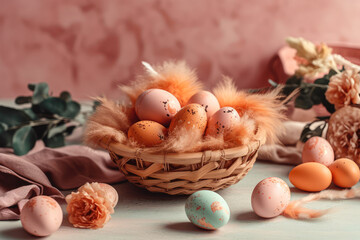 Composition of colored eggs in wicker basket with feathers pastel toned. Easter card. Generative AI
