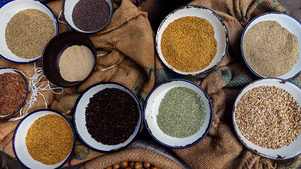 Variety of spices in Indian market. Spice background