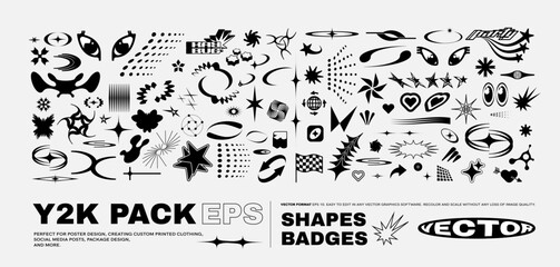 Vector Graphic Assets Set. Bold modern Shapes for Posters Template, flyers, clothes, social media, graphic design, sticker, In Y2k style, Futuristic, Anti-design, Retro Futurist.