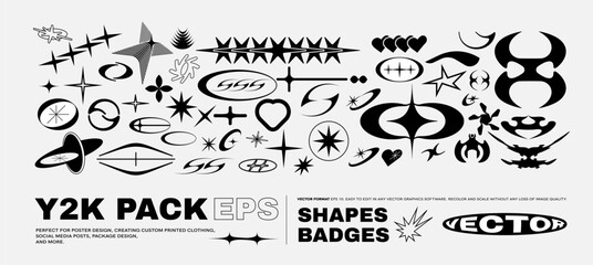 Vector Graphic Assets Set. Bold modern Shapes for Posters Template, flyers, clothes, social media, graphic design, sticker, In Y2k style, Futuristic, Anti-design, Retro Futurist. - 591090429