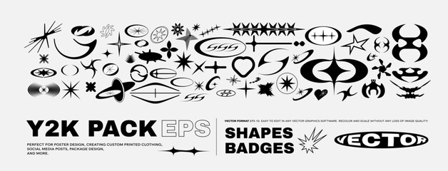 Vector Graphic Assets Set. Bold modern Shapes for Posters Template, flyers, clothes, social media, graphic design, sticker, In Y2k style, Futuristic, Anti-design, Retro Futurist.