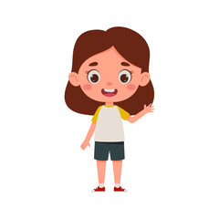 Cute cartoon little girl waving her hand. Little schoolgirl character. Vector illustration