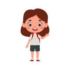 Cute cartoon little girl with the backpack waving her hand hello. Little schoolgirl character. Vector illustration