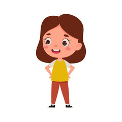 Obraz premium Cute cartoon little girl. Little schoolgirl character. Vector illustration