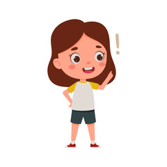 Cute little kid girl with great idea. Cartoon schoolgirl character show facial expression. Vector illustration