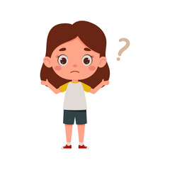 Cute little kid girl confused with question mark. Cartoon schoolgirl character show facial expression. Vector illustration