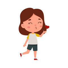 Cute little kid girl blowing a kiss. Cartoon schoolgirl character show facial expression. Vector illustration