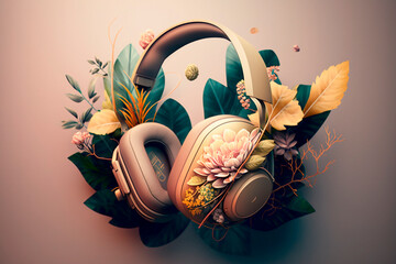 Headphones with flowers stylish device for music DJ, illustration with floral style earphones. Generative AI.