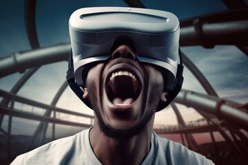 A young guy is wearing virtual reality glasses or VR head set and playing in virtual reality