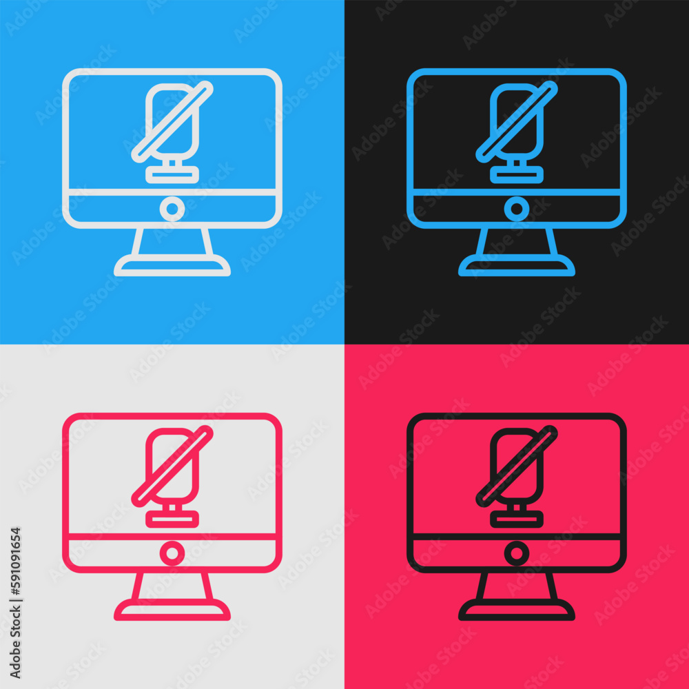 Poster Pop art line Mute microphone on computer icon isolated on color background. Microphone audio muted. Vector