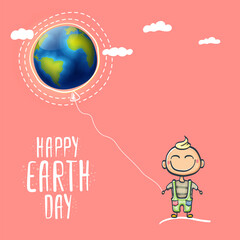 Cartoon earth day illustration or banner with little cute girl character holding in hands baloon with earth globe. Vector World earth day concept poster illustration with planet Earth and funny child