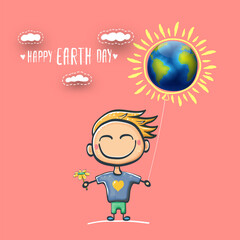 Cartoon earth day illustration or banner with little cute girl character holding in hands baloon with earth globe. Vector World earth day concept poster illustration with planet Earth and funny child