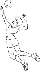 Volleyball player with the ball in a jump with her hands up. Black line