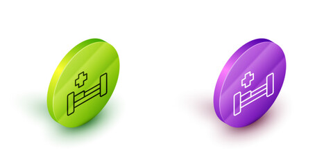 Isometric line Hospital bed icon isolated on white background. Green and purple circle buttons. Vector