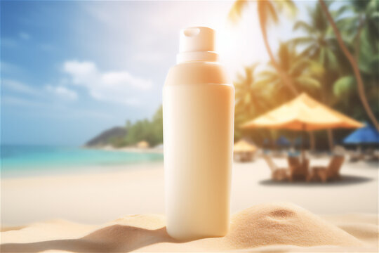 Get ready for the summer. bottle of sunscreen lotion on the sandy beach. skin care. generative ai.