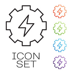 Black line Gear and lightning icon isolated on white background. Electric power. Lightning bolt sign. Set icons colorful. Vector