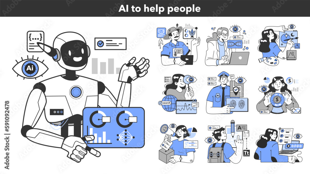 Aufkleber neural network helping people with daily life and work tasks set.
