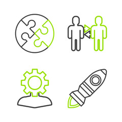 Set line Rocket ship with fire, Human gear inside, Project team base and Piece of puzzle icon. Vector