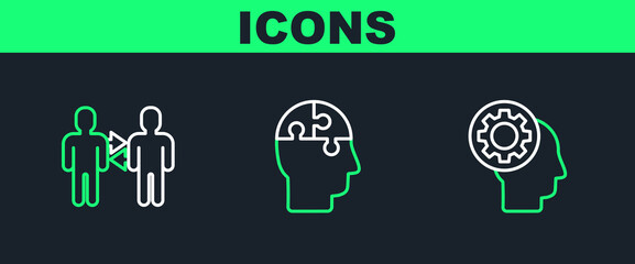 Set line Human head with gear inside, Project team base and puzzles strategy icon. Vector