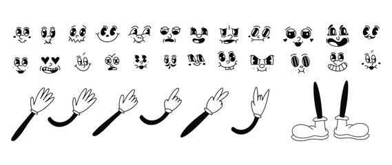 Retro 30s cartoon mascot characters funny faces. 50s, 60s old animation eyes and mouths elements. Vintage comic smile for logo vector set. legs, foots, hands in gloves, different positions