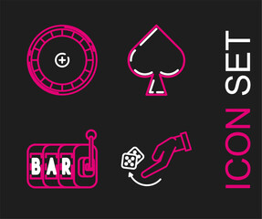 Set line Human hand throwing game dice, Slot machine, Playing card with spades symbol and Casino roulette wheel icon. Vector