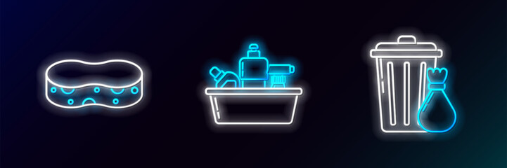 Set line Trash can and garbage bag, Sponge and Plastic bottles for liquid dishwashing liquid icon. Glowing neon. Vector