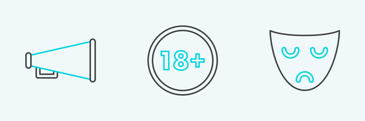 Set line Drama theatrical mask, Megaphone and Under 18 years icon. Vector