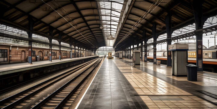 Very detailed image of deserted platform at an empty modern railway station, strike concept, , AI generated