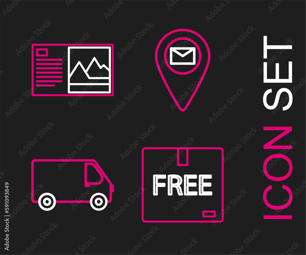 Wall mural Set line Cardboard box with free symbol, Delivery cargo truck vehicle, Placeholder on map paper and Postcard icon. Vector