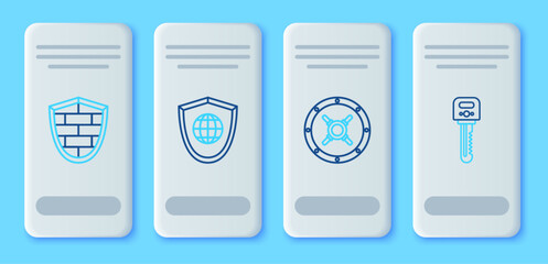 Set line Shield with world globe, Safe, cyber security brick wall and Key icon. Vector