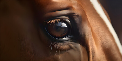 Extreme close up of horse eye front view looking at camera banner with copy space, AI generated
